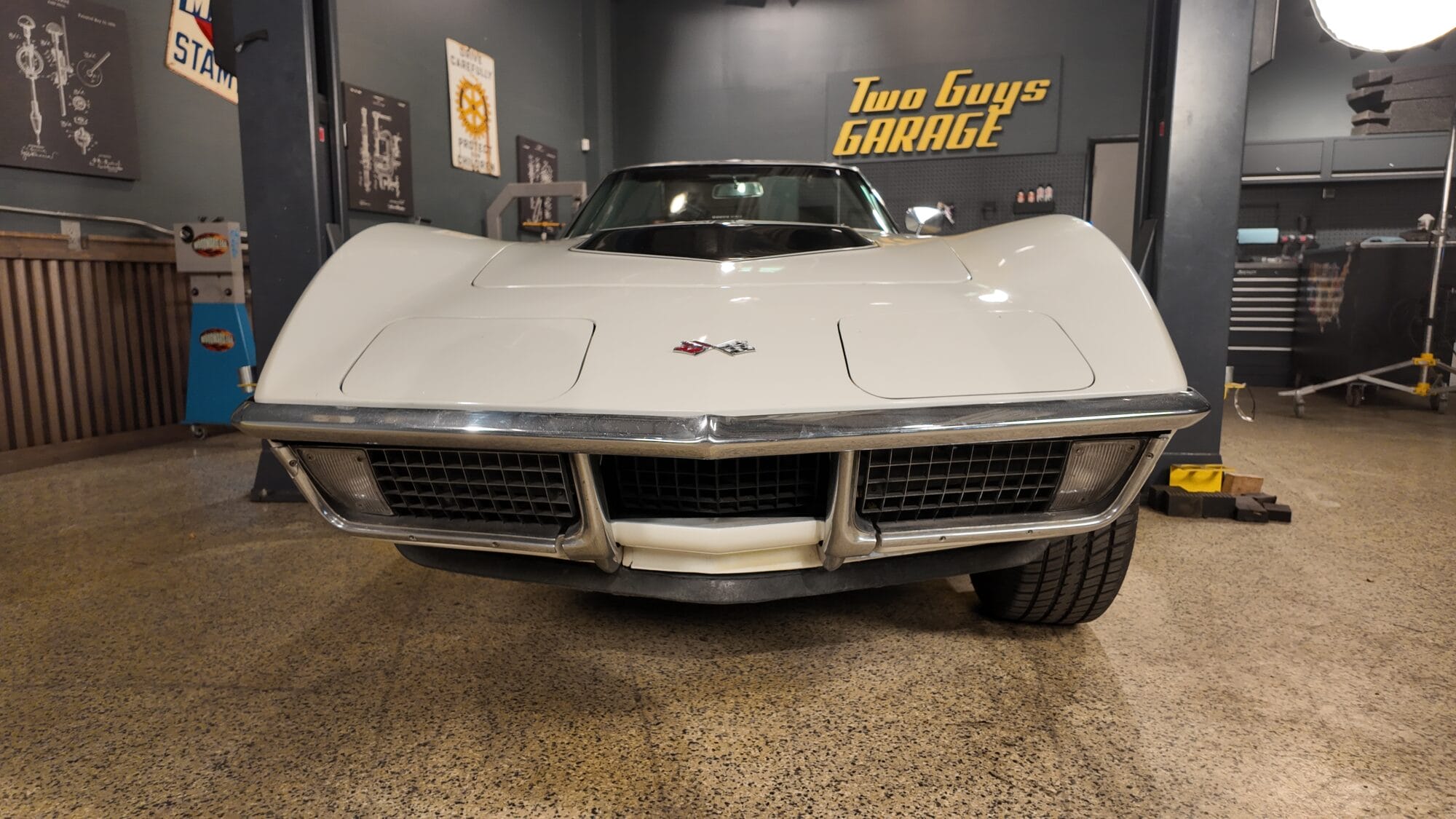 A 1971 Corvette Stingray in the shop of Two Guys Garage